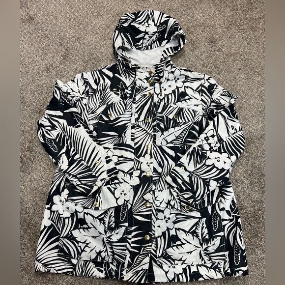 lauren ralph lauren jacket womens 2X black white rain‎ jacket windbreaker floral